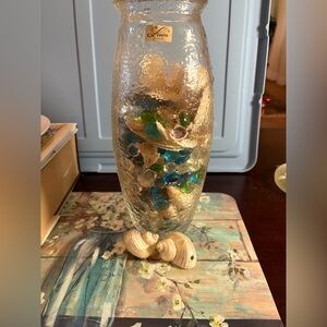 Vintage 12 inch Clear Vase by Laura with Various Shells and Colored Glass